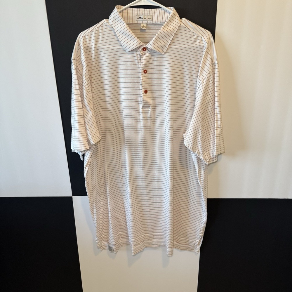 Peter Millar XL Men's Cotton Polo Shirt White Red Stripe Made in Korea